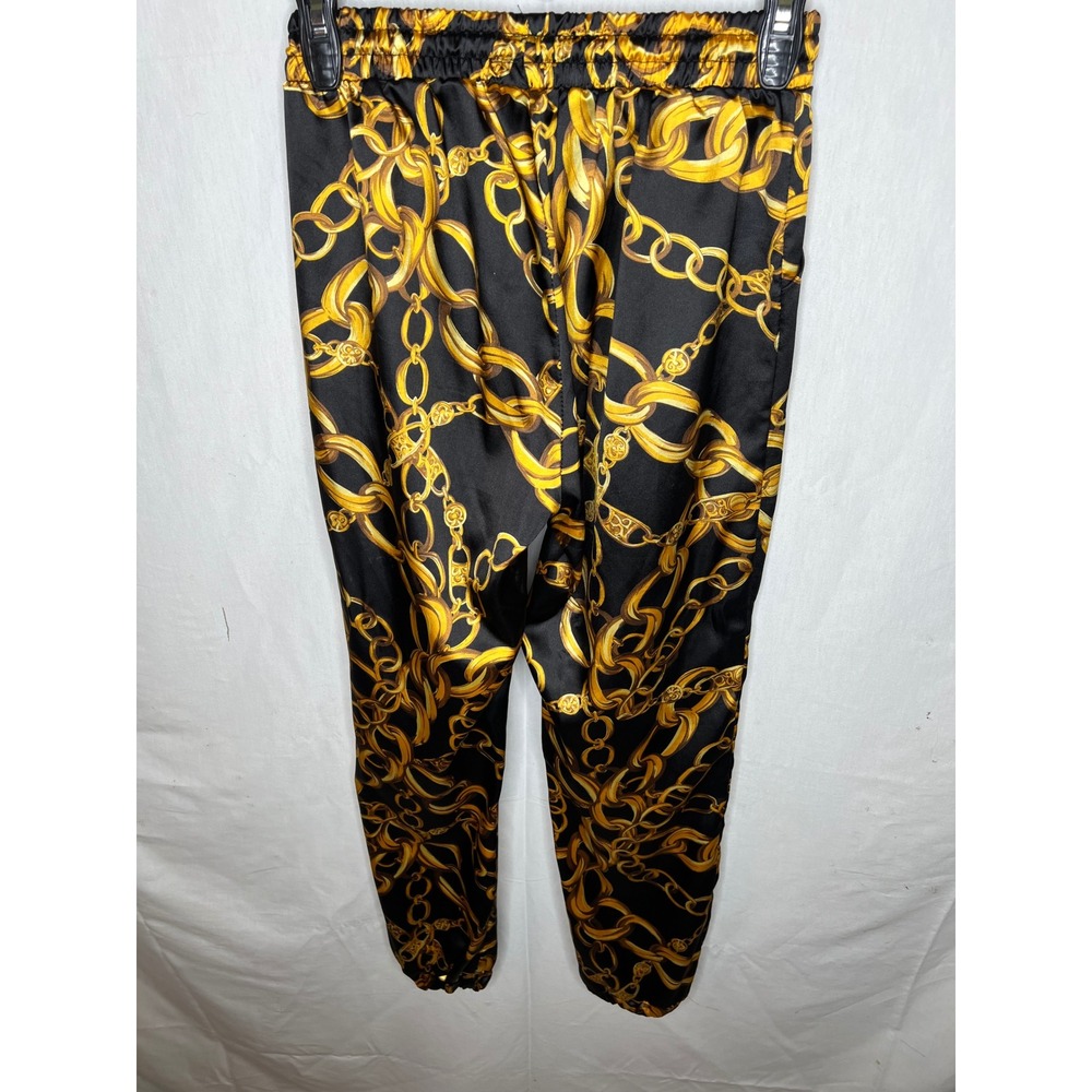 36point5 Womens Gold Chain Print Joggers Black Satin Drawstring Pants Small - Picture 3 of 7